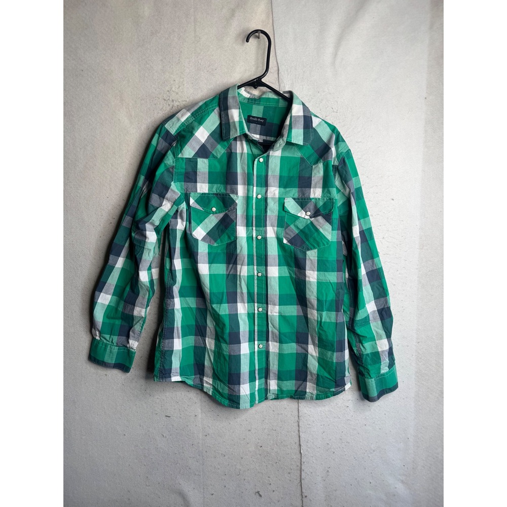 Double Pump Mens Large Green Plaid Western Snap Long Sleeve Cotton Shirt